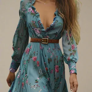 Bohemian Floral Maxi Dress – V-Neck A-Line Long Sleeves