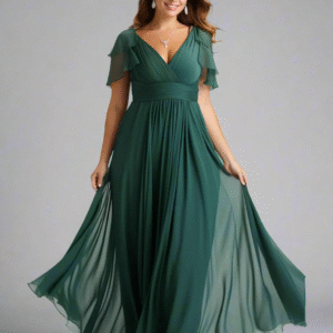 Elegant Chiffon A-Line Dress – V-Neck, Batwing Sleeve