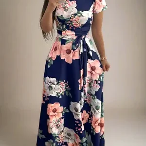 Floral Lace-Up Boho Maxi Dress – Swing Dress With Sash Belt2