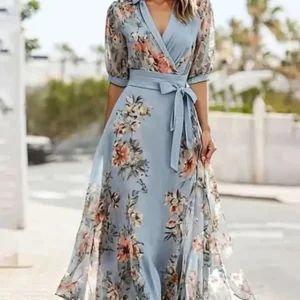 Floral Print V-Neck Tie-Up Maxi Dress