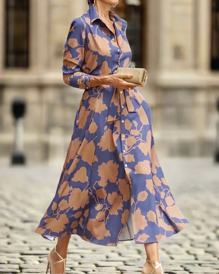 Belted Floral Shirt Dress Mid-Length Button-Down Dress