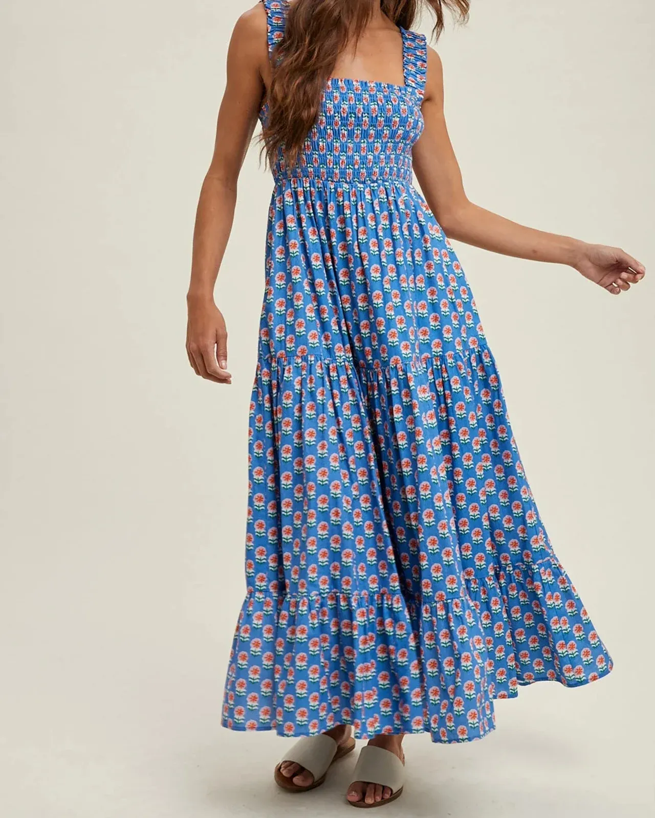 Blue Print Lapel Neck Sleeveless Floral Maxi Dress