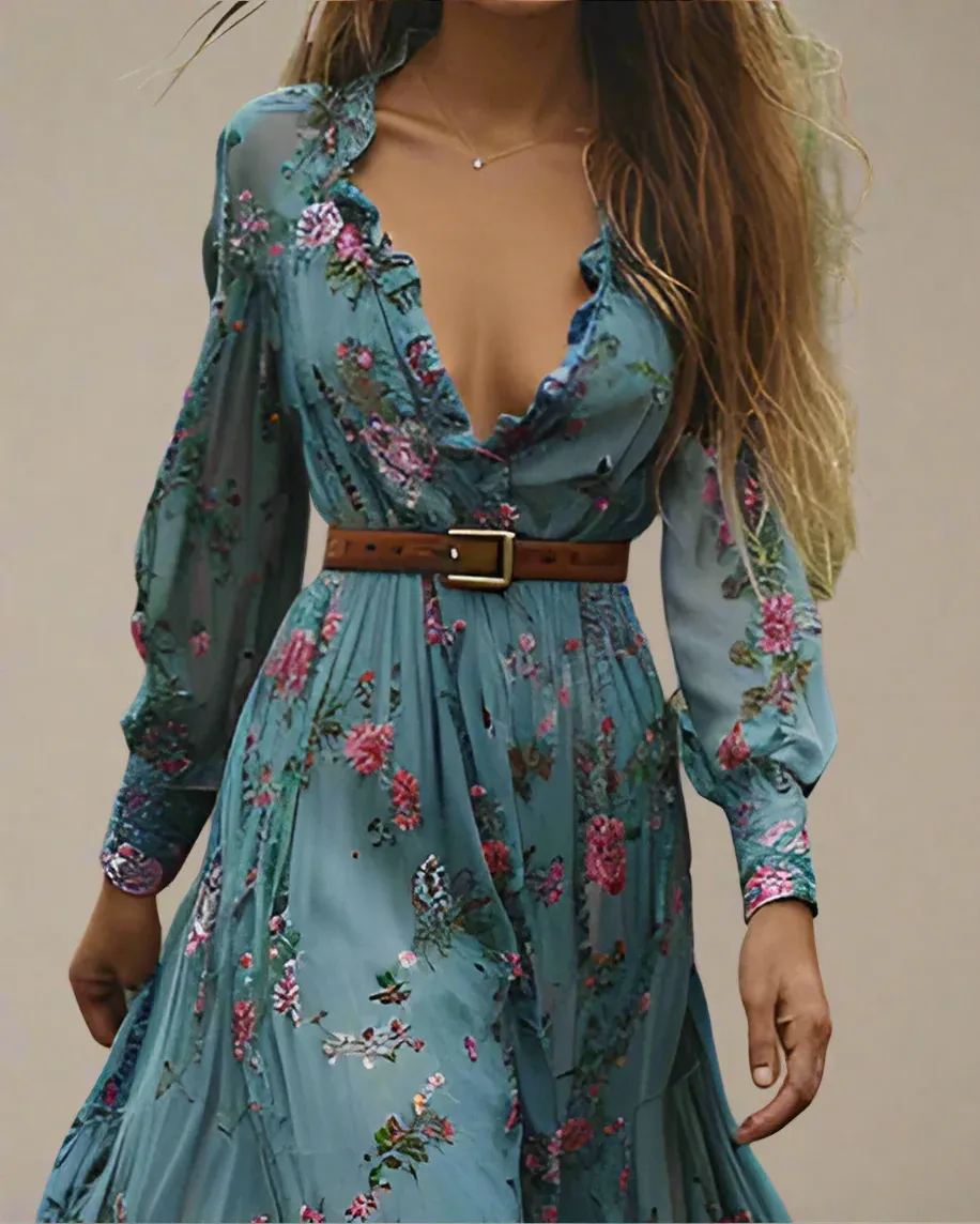 Bohemian Floral Maxi Dress – V-Neck A-Line Long Sleeves