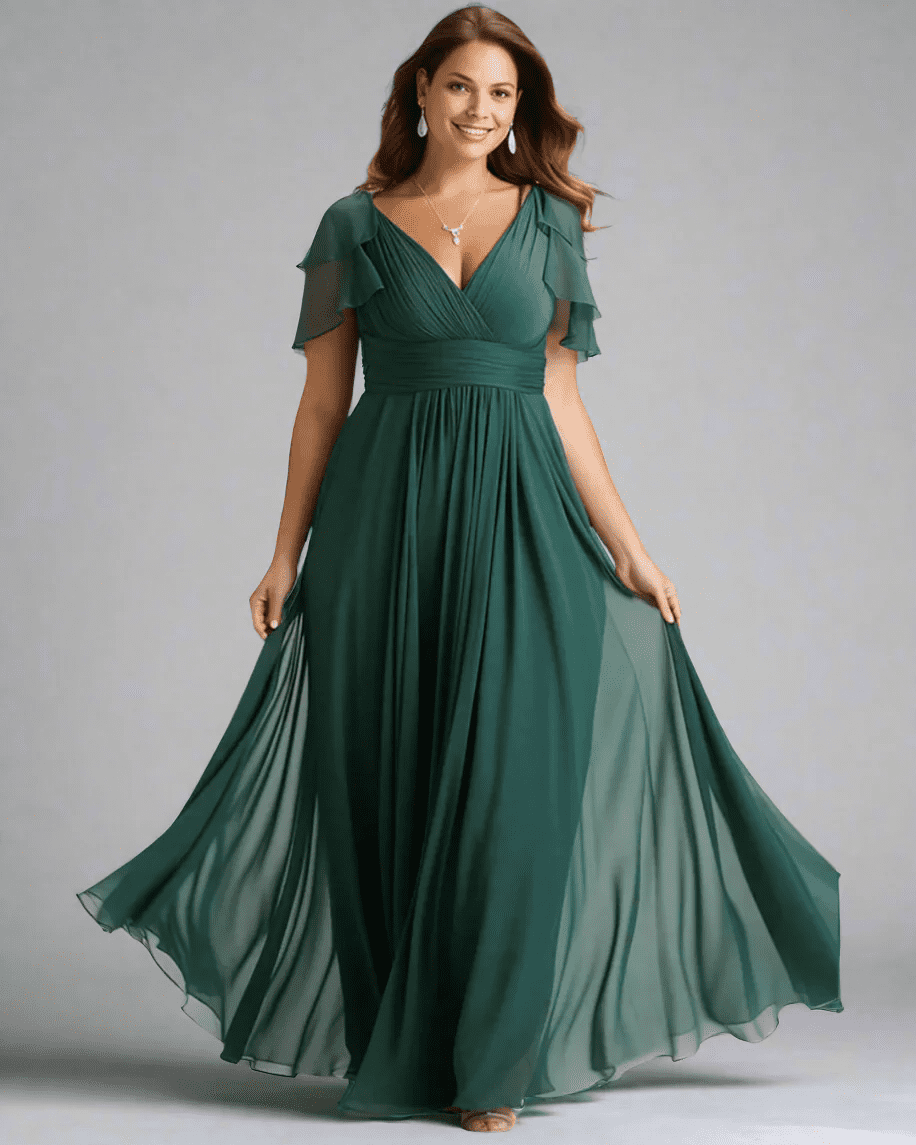 Elegant Chiffon A-Line Dress – V-Neck, Batwing Sleeve