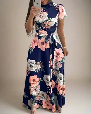 Floral Lace-Up Boho Maxi Dress – Swing Dress With Sash Belt2