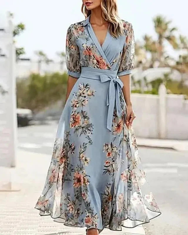 Floral Print V-Neck Tie-Up Maxi Dress